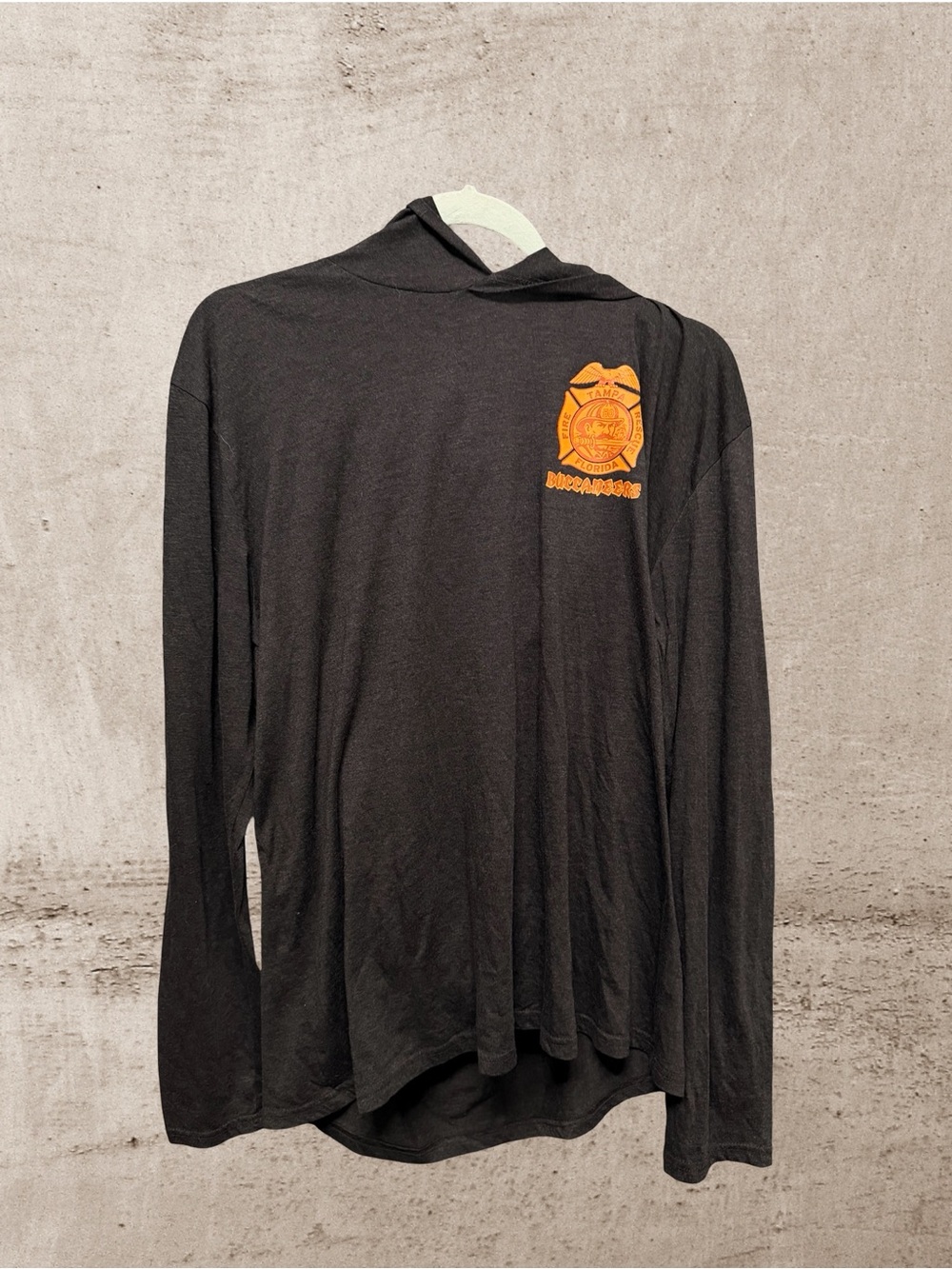 District Black Long-Sleeve Hooded Tee with Orange Badge - Picture 2 of 6